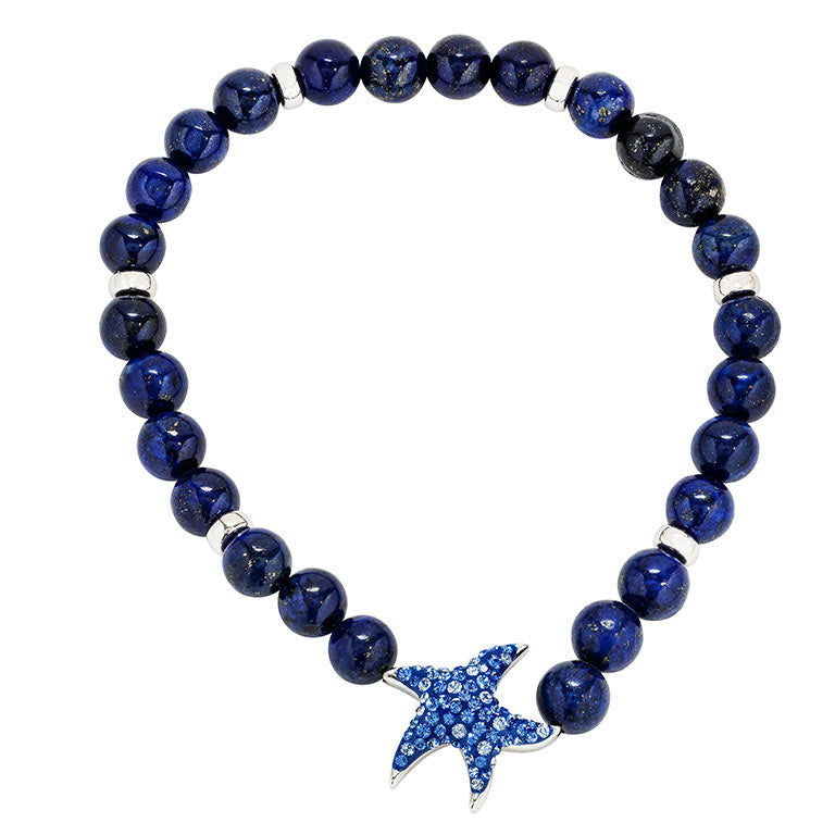 Sterling Silver Lapis Starfish Stretchy Bracelet With Crystals