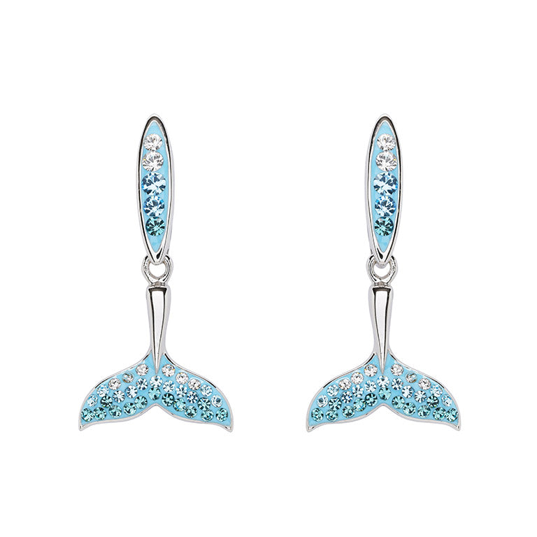 Sterling Silver Whale Tail Earrings with Aqua and White Crystals