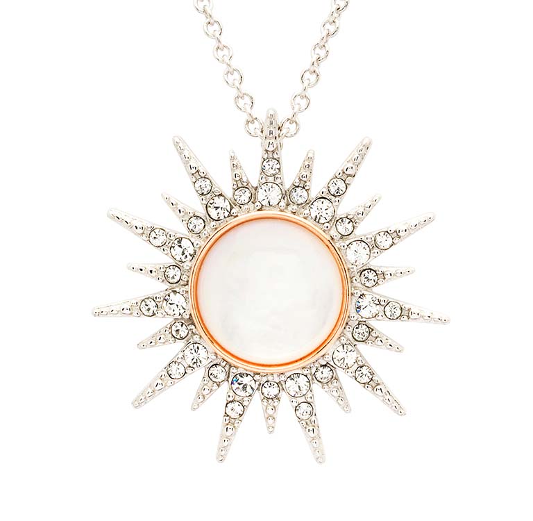 Sterling Silver Mother of Pearl Sun Pendant with White Crystals and Rose Gold