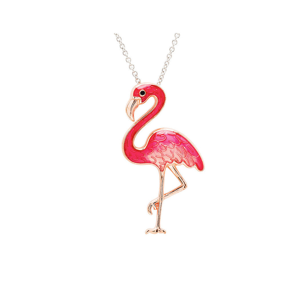Sterling Silver Pink Enamel and CZ Flamingo Necklace
