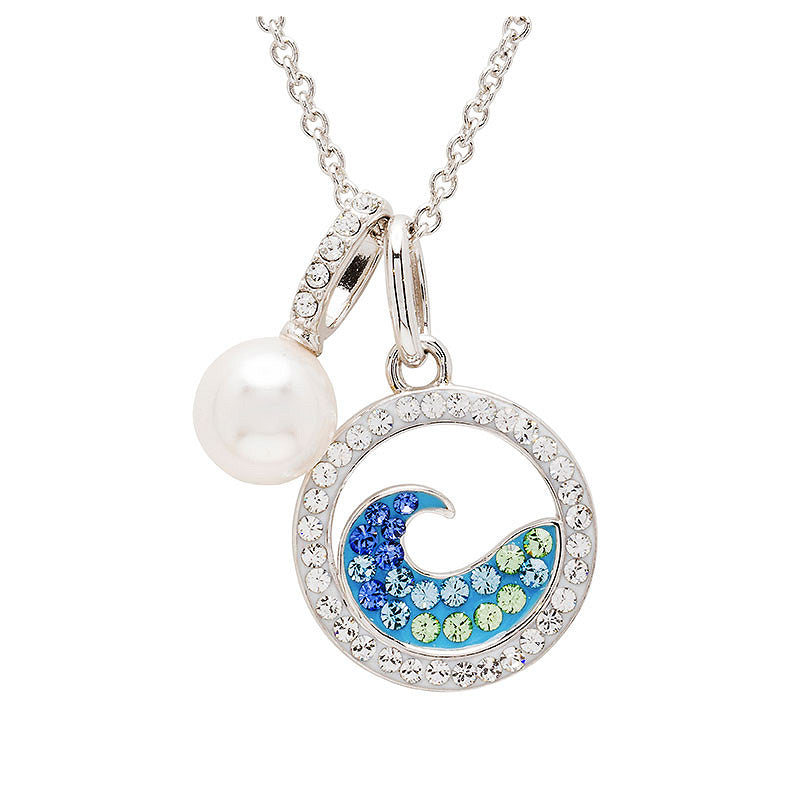 Sterling Silver Aqua Crystal Pearl Wave Necklace