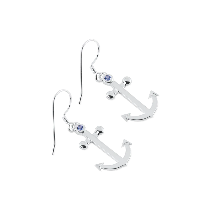 Pair Of Tibetan Silver Dangle Ship's Anchor Earrings – Clip-On – Blue Bead – New