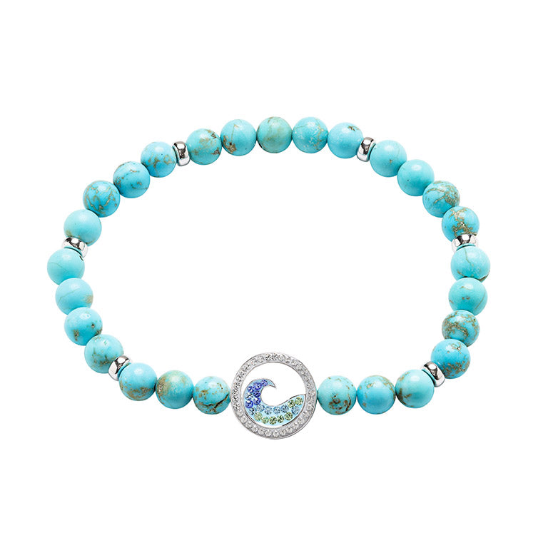 Sterling Silver Wave Stretch Bracelet with Turquoise Beads