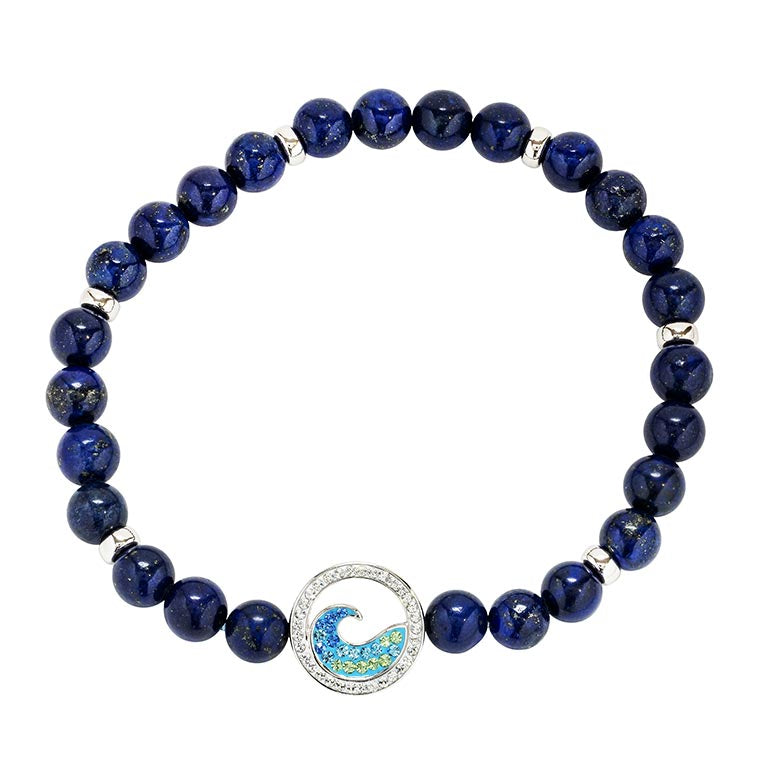 Sterling Silver Lapis Wave Stretchy Bracelet with Crystals