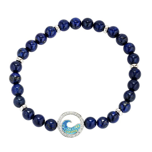Sterling Silver Lapis Wave Stretchy Bracelet with Crystals