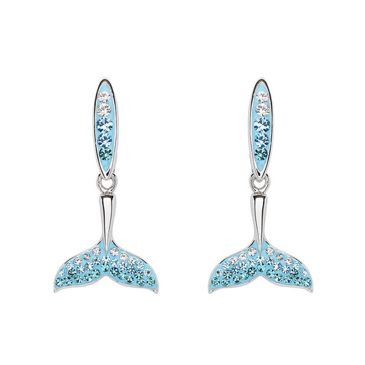 Sterling Silver Whale Tail Earrings with Aqua and White Crystals