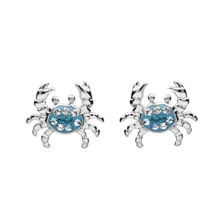Crab Stud Earrings with Blue and white Crystals