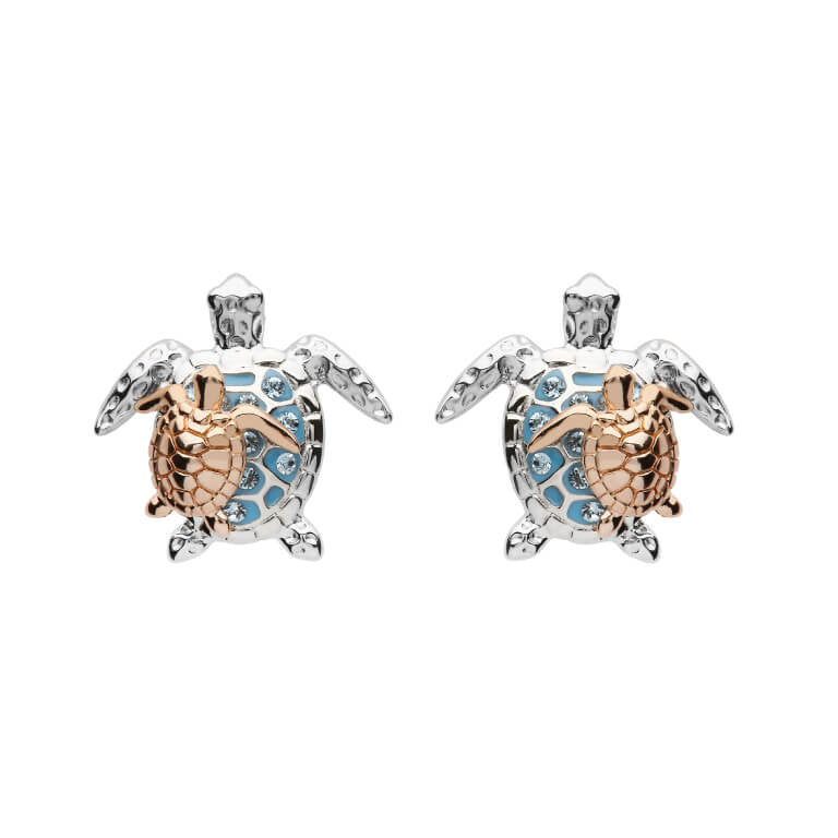 Mother & Baby Turtle Stud Earrings With Crystals