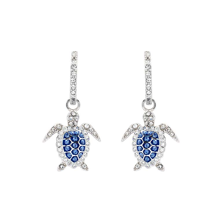 Sterling Silver Hoop Sapphire Blue Turtle Earrings
