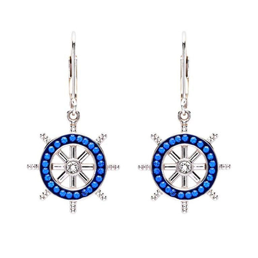 Sterling Silver Sapphire Crystal Ships Wheel Drop Earrings
