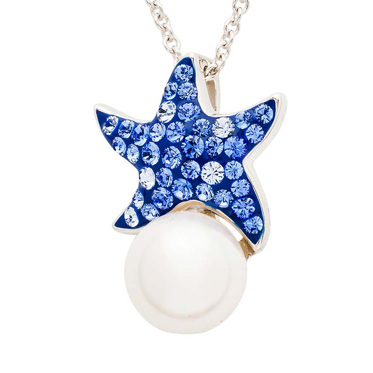 Sterling Silver Pearl with Sapphire Crystal Star Fish Necklace