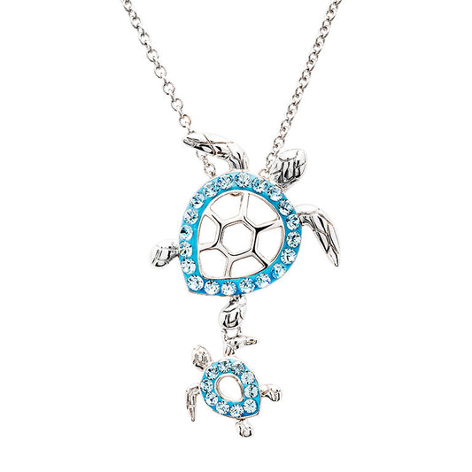 Sterling Silver Aqua Crystal Turtle Necklace
