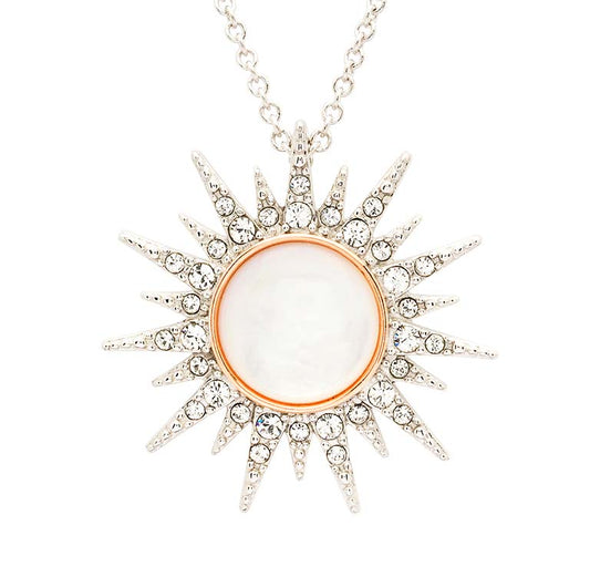 Sterling Silver Mother of Pearl Sun Pendant with White Crystals and Rose Gold