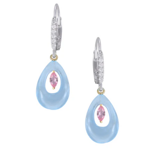 18K Blue Topaz Dangle Earrings with Diamonds and Pink Sapphire