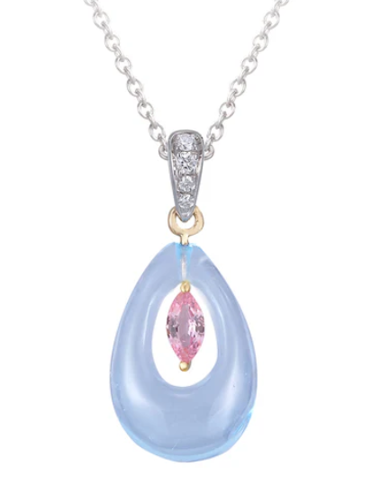 18K Blue Topaz Pendant with Diamonds and Pink Sapphire