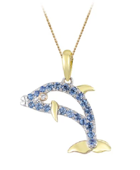 14K Dolphin Pendant with Pastel Blue Sapphires