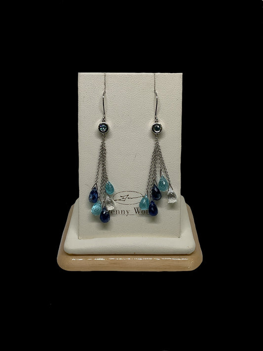 Precious Silver Dangle Earrings with Kyanites, Apatites, and Quartz