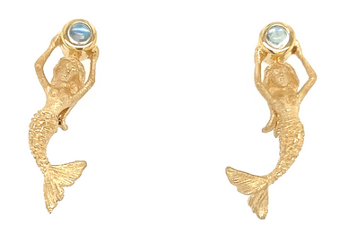 14K Mermaid Holding Blue Topaz Earrings