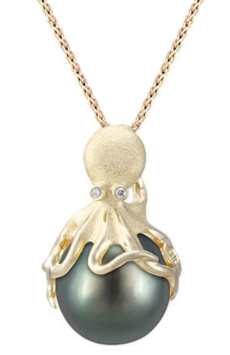 14K Octopus Pendant with Tahitian Pearl