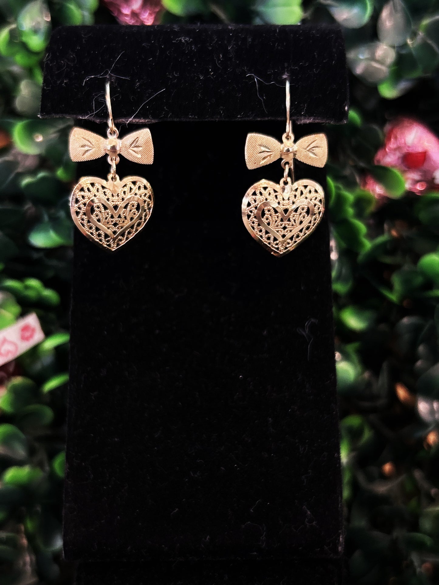 14KY Heart and Bow Dangle Earrings