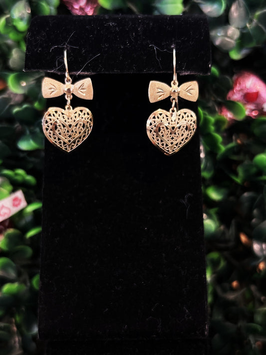 14KY Heart and Bow Dangle Earrings