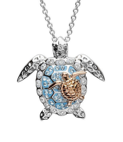 Aqua Swarovski Crystal Turtle with Baby Necklace