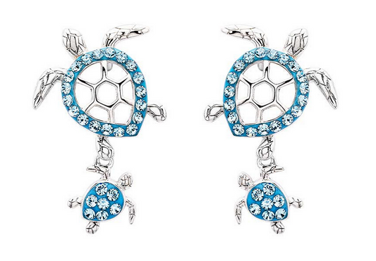 Sterling Aqua Swarovski Crystal Turtle Earrings