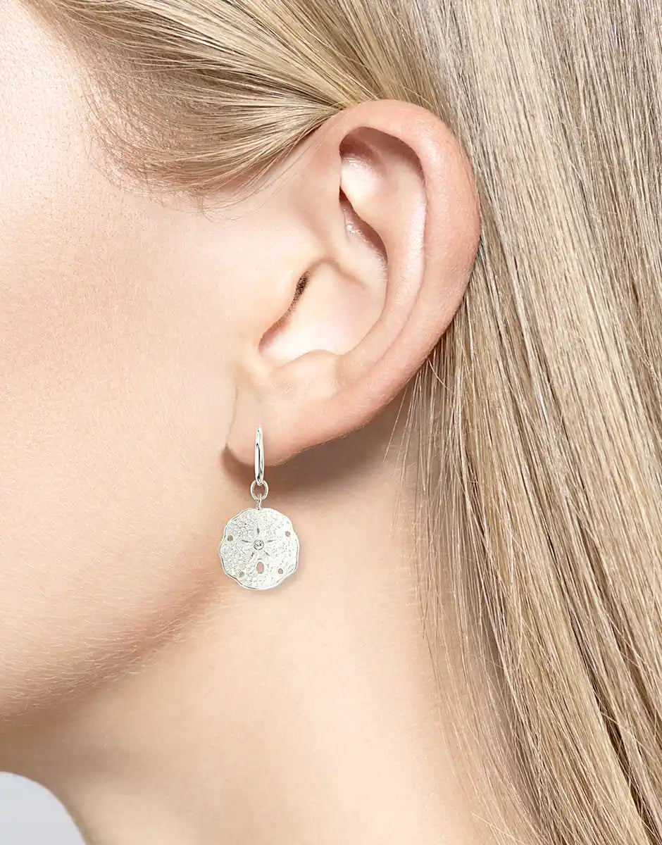 Sterling Silver White Enamel Sand Dollar Lever Back Earrings